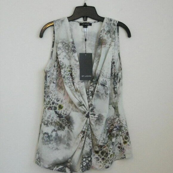 NWT ST. JOHN Silk Celedon Multi Silk Crepe Sleeveless Print Blouse Top 10 - Picture 6 of 7
